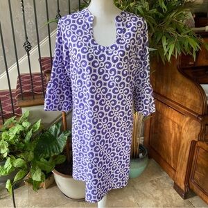 Buckhead Betties Silky Shift Dress Size L Purple White Design Bell Sleeve Roomy